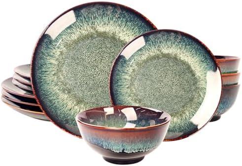 jinsongdafa Dinner Set 9 Pieces - Round Reactive Glaze Tableware - Kitchen Dinnerware Porcelain Crockery with Dinner Plate, Bowl and Soup Plate Service for 4, Microwave Dishwasher Safe, Set (No.2)