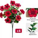 4 Bundles Large Artificial Geranium Flowers for Outdoors UV Resistant Faux Silk Flowers Realistic Fake Plants for Porch Balcony Patio Garden Home Decor (Red)