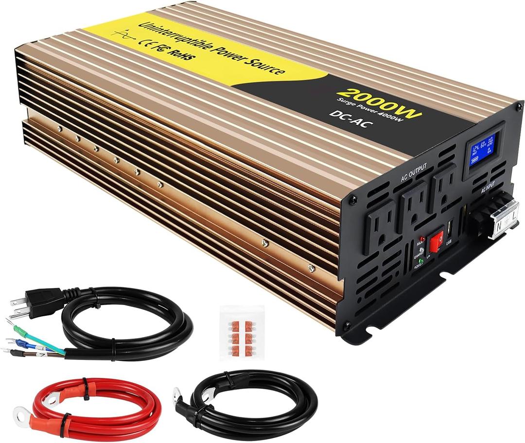 2000W Sump Pump Battery Backup Power System,Basment Protection Sump Pump Inverter with LCD Display and Automatic Battery Backup Switching for Basement Emergency and Power Outage Backup (Gold)