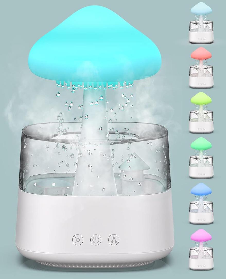 Rain Cloud Humidifier Water Drip, Mushroom Humidifier Waterfall Lamp, Mushroom Diffuser, Rain Sounds for Sleeping