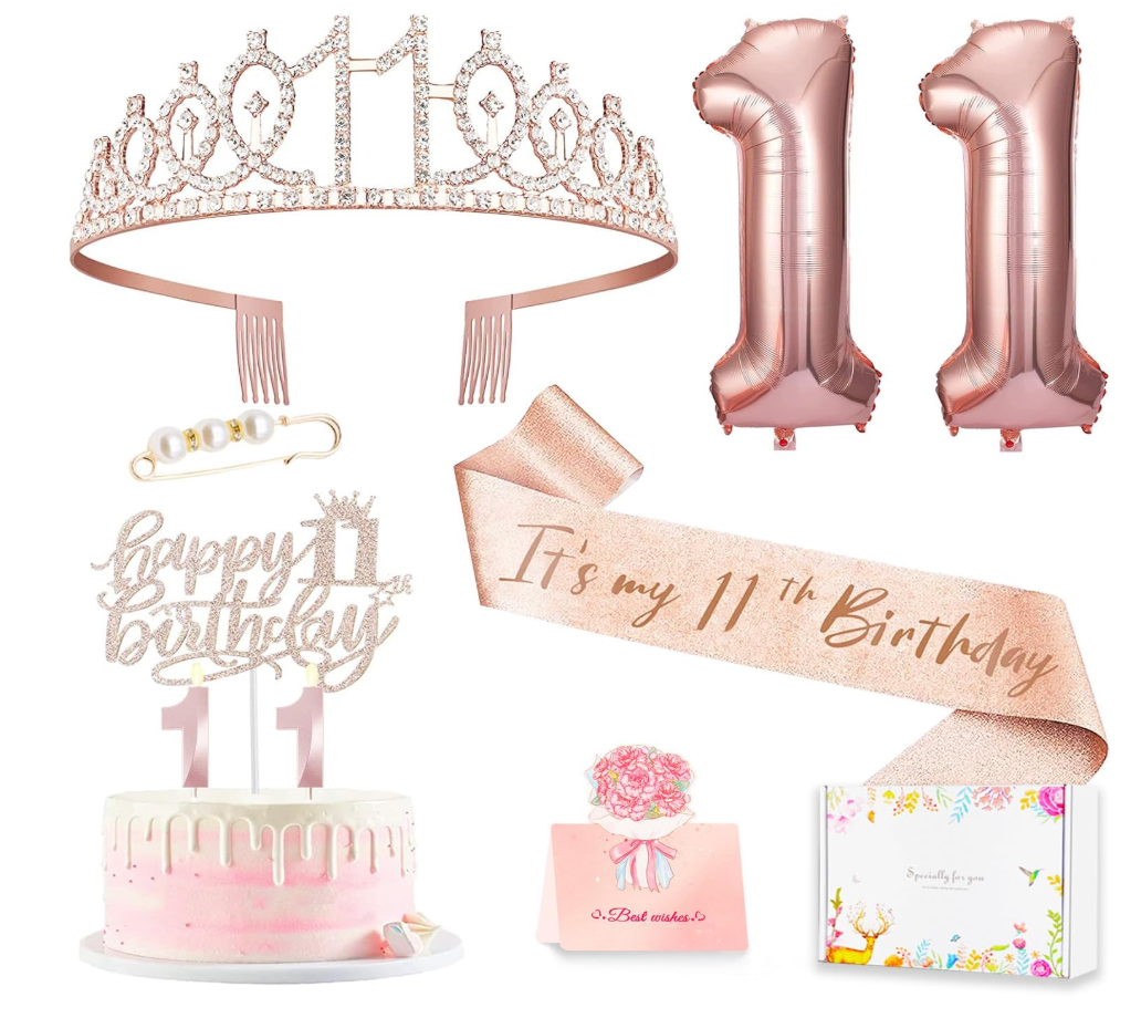 11th Birthday Decorations for Girls, 11th Birthday Sash and Crown, Cake Topper, Number Candles and Balloons, 11 Year Old Gifts for Girls