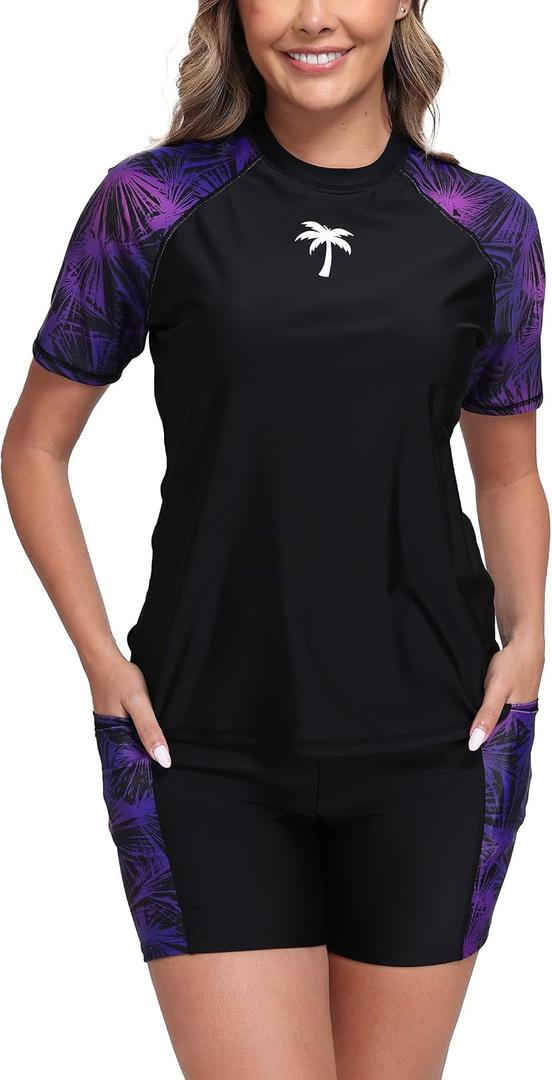 Halcurt Women Rash Guard Swimsuit Short Sleeves Swim Tee with High Waisted Shorts Sun Protective Swimsuits Purple L