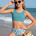 Enlifety 5-16T Girls 3 Piece Bikini Swimsuit Quick Dry Bathing Suit with Kimono Cover Up (11-12 Years, Green Daisy)