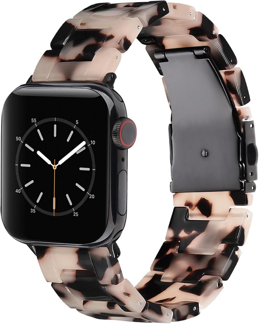V-MORO Resin Bands Compatible with Apple Watch 42/40/41/38mm Series 11/10/9/8/7 Fashion Lightweight Strap Bracelet Compatible for iWatch Series SE/6/5/4/3/2/1(Tortoise Stone Flower-Black)