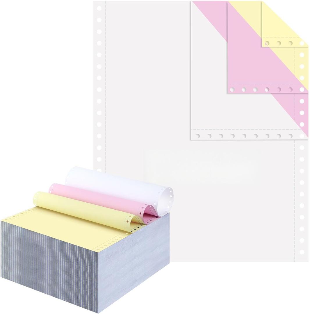 9.5 x 11 Continuous Feed Computer Paper Fanfold for Dot Matrix Printers Continuous Computer Paper Left and Right Perforated 1000 Sheets 3 Part White/Pink/Yellow for Receipts, Invoices