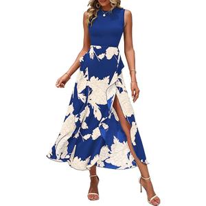 BTFBM Women Casual Sleeveless Summer Dresses 2025 Spring Crewneck Patchwork Boho Floral Ruffle Cocktail Party Midi Dress (Small, Pink Floral Navy)