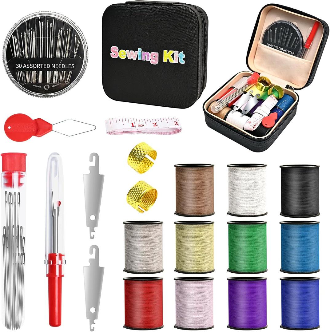 MASHDE 74 PCS Sewing Kit, Big Eye Steel Sewing Needles Kit with Storage Box, Include 55 Steel Needles for Hand Sewing, 11 Colored Threads, Tape Measure, Needle Threaders, Thimbles, Seam Rippers