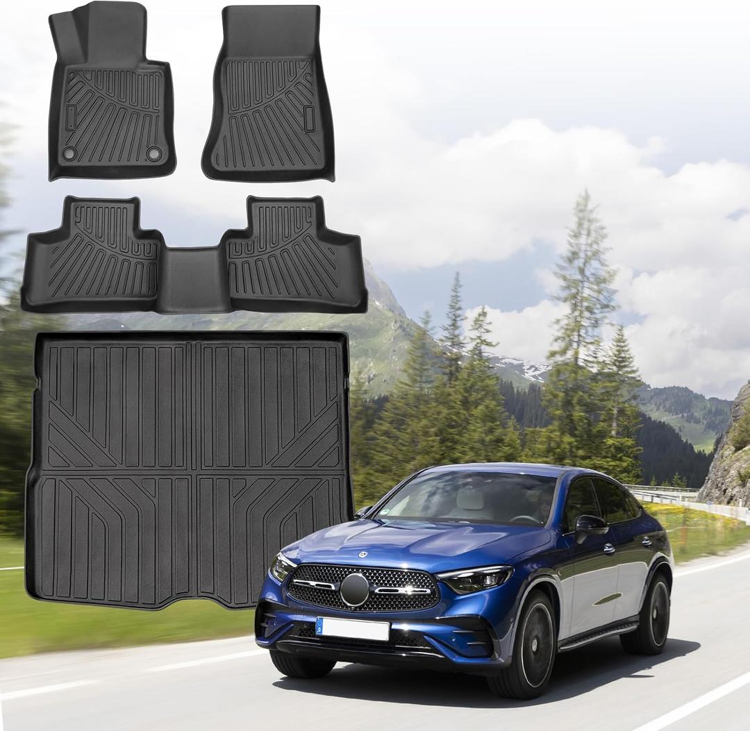 Sunsdrew Floor Mats Cargo Liner Set for 2023-2025 2026 Mercedes Benz GLC/GLC 300/GLC 350e/GLC 43 AMG (Not for Coupe), All Weather TPE Rubber Car Mats for GLC Accessories Raised Edge