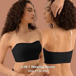Strapless Bras for Women, S-XL, Non-Slip Silicone Padded Bandeau Bra with Free Clear Strap, Wireless Tube Top Bralette  Medium Black