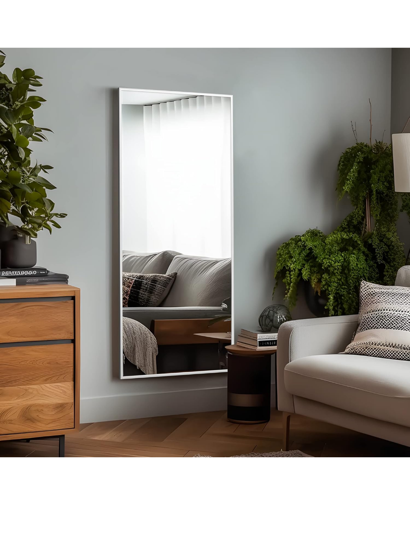 NeuType Full Length Mirror Hanging or Leaning Against Wall, Large Rectangle Bedroom Mirror Floor Mirror Dressing Mirror Wall-Mounted Mirror,Aluminum Alloy Thin Frame,White,59"x20",with Stand