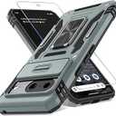 DEERLAMN Case for Google Pixel 8a with Slide Camera Cover+Screen Protector (1 Pack), Rotated Ring Kickstand Military Grade Shockproof Protective Cover - Grey