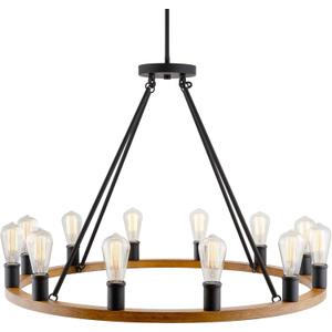Kira Home Homestead 36" 12-Light Large Rustic Farmhouse Wagon Wheel Chandelier, Round Kitchen Island Light, Textured Black Accents + Warm Oak Wood Finish