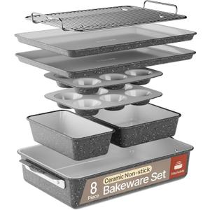 Bakken 8-Piece Stackable Bakeware Set - Ceramic Non-Stick Coating, Baking Sheets, Assorted Baking Pans, PTFE, PFOA & PFOS Free - Healthy Baking, Ergonomic Handles, Cooling Rack, Non-Toxic, Oven-Safe (Gray Marble)
