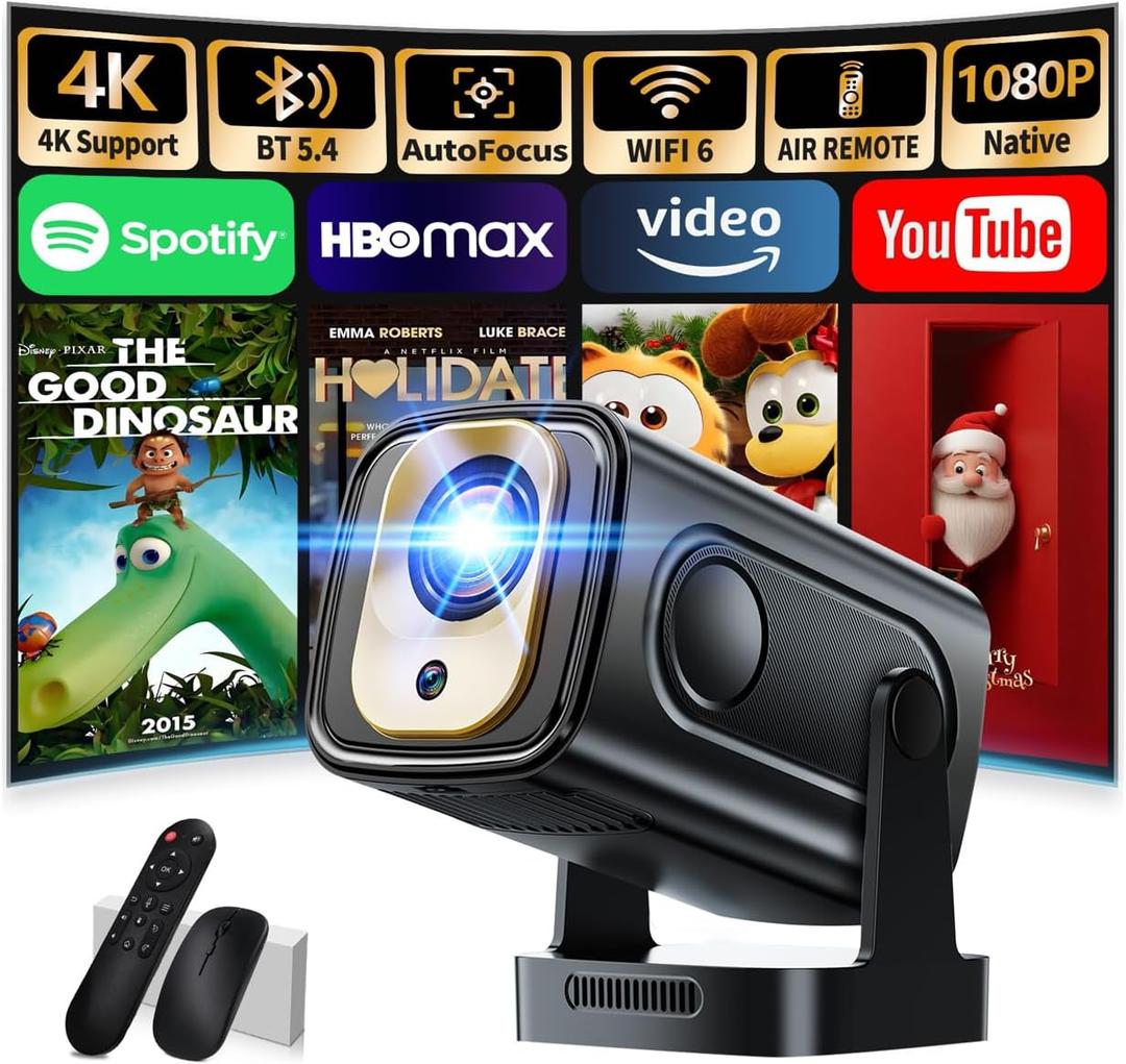 Projector [Auto Focus & Native 1080P & Built-in Apps] Mini Portable Projector 1080P, 4K Full HD with WiFi 6 & Bluetooth 5.4, Auto Focus & Keystone, 270 Rotatable, Compatible with Phone/HDMI/USB,Black