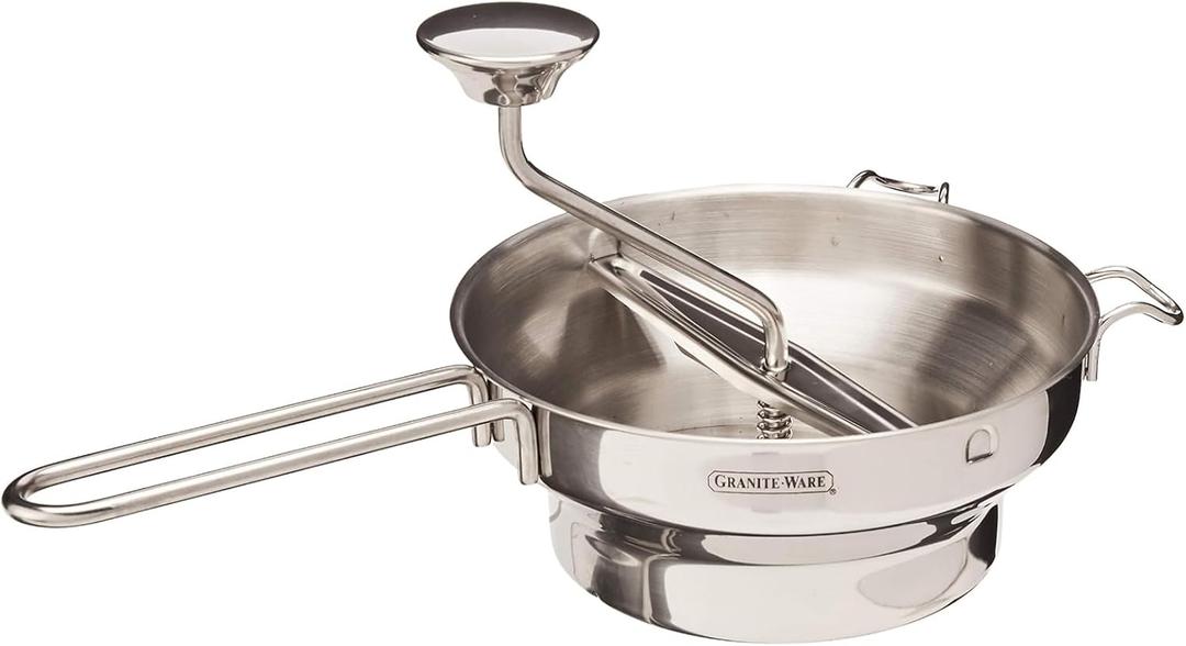 Granite Ware Stainless Steel Deluxe Food Mill - 2-Quart, Durable and Rust-Resistant - Hand Crank with 3 Interchangeable Discs for Purees, Sauces, Soups, Baby Food, Dishwasher Safe
