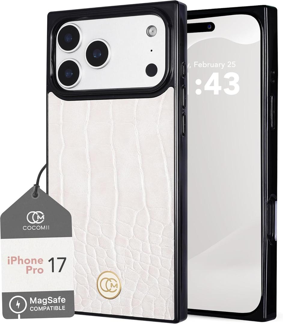 Cocomii Rectangle Case for iPhone 17 Pro, Compatible with MagSafe, Ivory Crocodile Leather