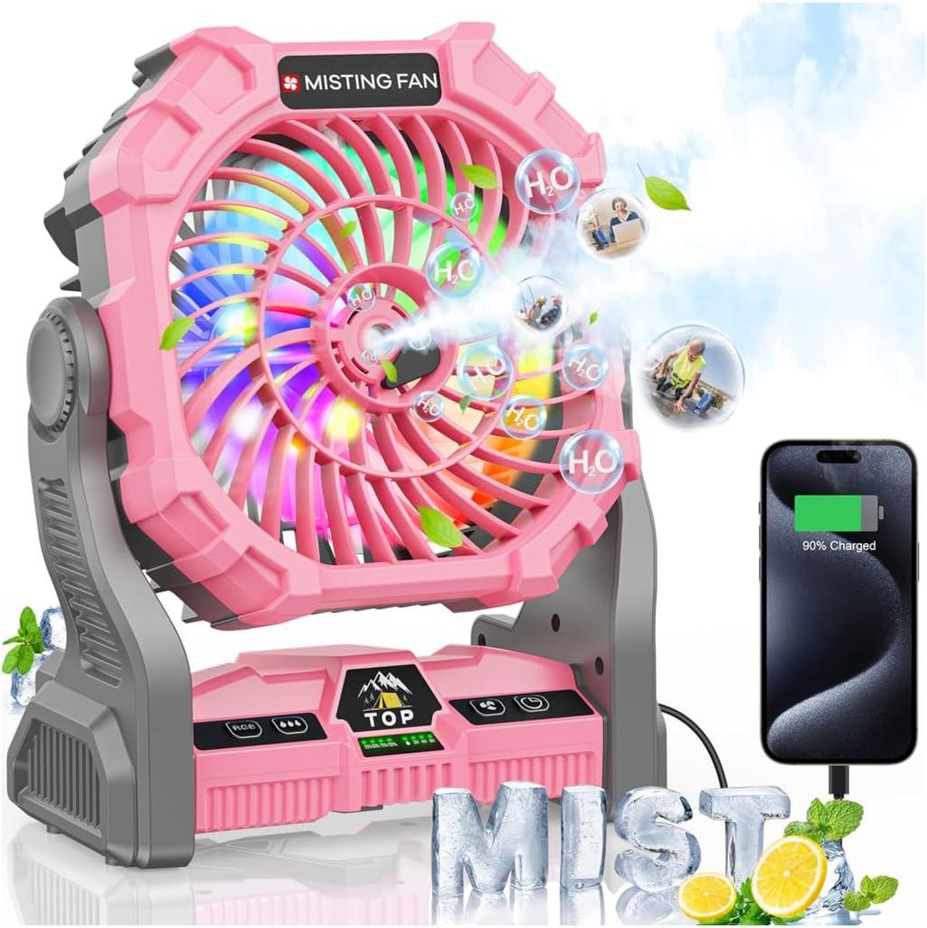 Misting Fan Portable with RGB Lantern, 30000 mAh Rechargeable Camping Mist Fan with Emergency Battery Power Bank Hurricane Supplies, Perfect Cooling Mister for Outdoor Travel (Pink)