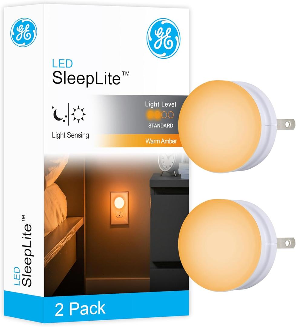 GE SleepLite LED Night Light, 3 Pack, Dusk-to-Dawn Sensor, Sleep Light, Dim Light, Warm Amber, Compact, Ideal for Bedroom, Nursery, Bathroom