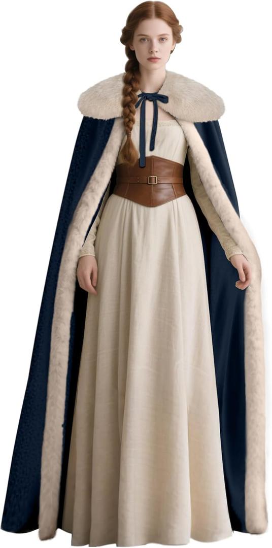 Joukavor Renaissance Velvet Cape with Viking Fur Collar for Women Halloween Costume (Navy Blue)
