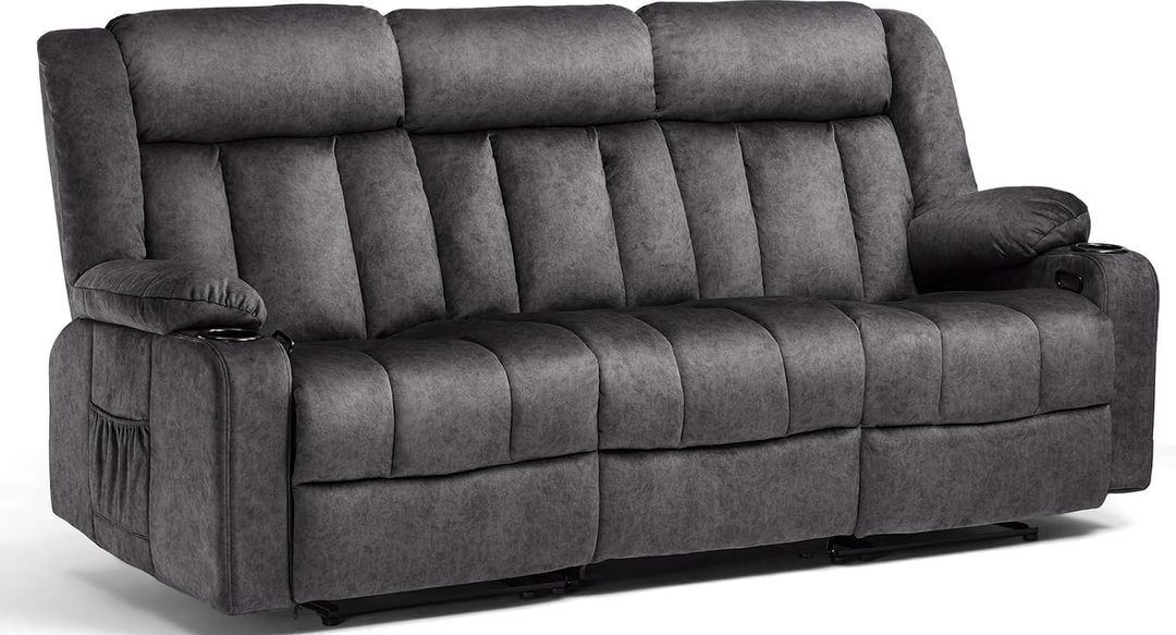 COMHOMA Manual Recliner Chair Set，Fabric Reclining Sofa Chair with Cup Holders, Upholstered Recliner with Side Pockets Suitable for Living Room Furniture (3)