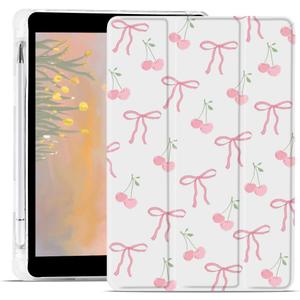 JOYLAND Cute Cherry Bowknot Case for iPad 9th/7th/8th Generation (2021/2020/2019) 10.2 Inch with Pencil Holder Lovely Bow Preppy White Girly Cover Auto Wake/Sleep Foldable Shockproof Case