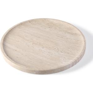 Koville Natural Travertine Tray for Home Decor, 10 Inch Round Serving Tray for Kitchen and Coffee Table, Decorative Marble Bathroom Trays for Counter, Luxury Vanity Tray, Light Beige Stone Tray (9.8")