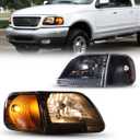 ROXX Headlights w/Corner Lights Assembly for 1997-2003 Ford F150 and 1997-2002 Ford Expedition/For 1997-1999 Ford F250 Light Duty, F150 Headlights Pair w/Chrome Reflector High Low Beam (Black)