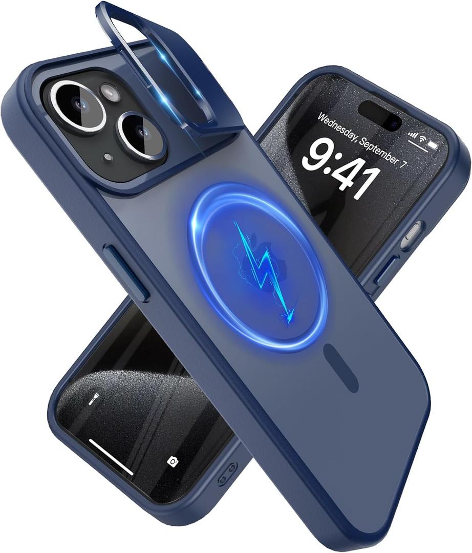 YFEMLAZ for iPhone 15 Case(Built-in Invisible Kickstand) Heavy Duty MagneticCompatible with MagSafe Military-Grade Drop Protection,Translucent Matte for iPhone 15 Case 6.1",Blue