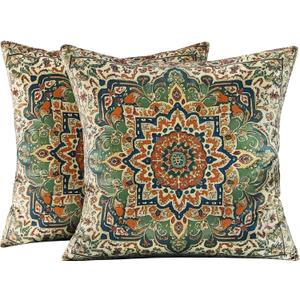 Boho Soft Velvet Throw Pillow Covers 18x18 in Vintage Kilim Carpet Tribal Pattern Pillowcases, Antique Ethnic Decor, Geometric Pattern Cushion Cover for Sofa, Living Room, Green, 2 Pack