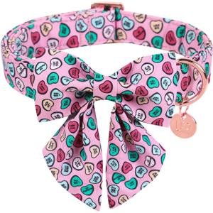 Valentine's Day Dog Collar with Bow Tie, Pink Cotton Collar with Metal Buckle, S, Neck 10-16in