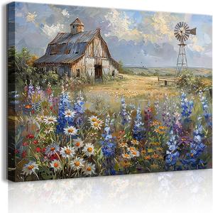 Barn Windmill Canvas Wall Art Blue Country Wildflowers Meadow Wall Decor Country Farmhouse Landscape Picture Poster Print for Kitchen Living Room Bedroom Ready to Hang (12x16in Canvas)