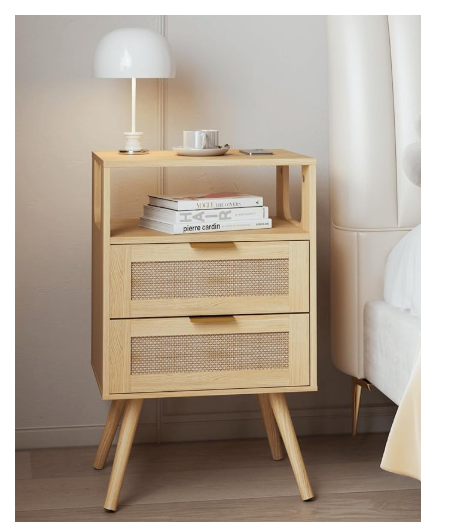 Rattan Nightstand,Farmhouse Bedside Table with 2 Storage Drawer and Open Wood Shelf, for Bedroom and Small Spaces,Night Stand with Solid Wood Legs (Yellow Oak)