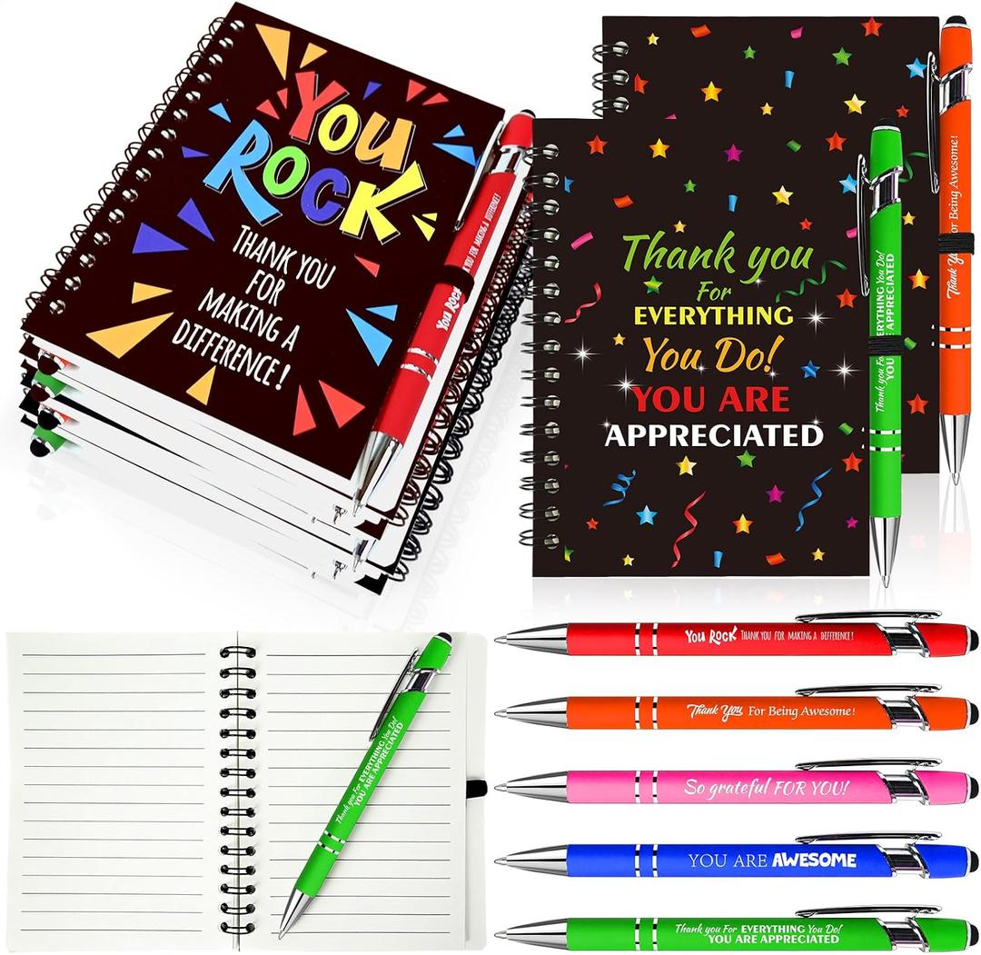 10 Sets/20 Pcs Employee Appreciation Gifts Staff Spiral Notebooks Pens Bulk Stylus Cap Team for Teachers Thank You Inspiration Coworkers Inspirational Christmas Party Supplies