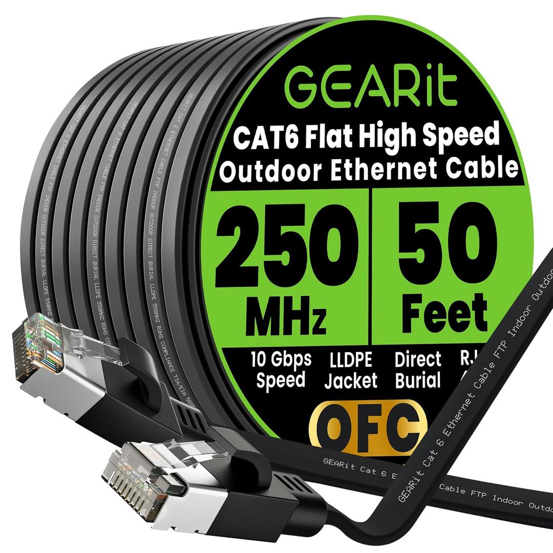 GEARit Cat 6 Outdoor Flat Ethernet Cable (50ft, Black) Direct Burial Rated LLDPE Jacket - Indoor Cat6 Shielded FTP 10Gbps High Speed Gaming Computer Network RJ45 Snagless Patch Cord Internet