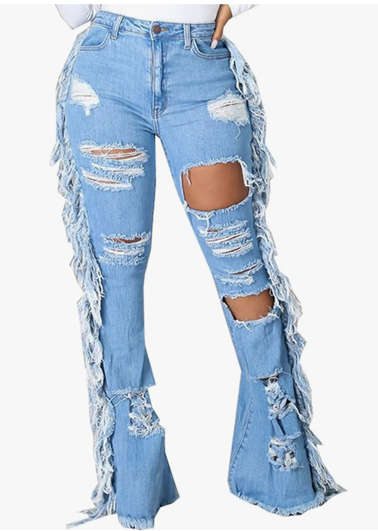 SeNight Women Bell Bottom Jeans Elastic Waist Ripped Flared Jean Destroyed Raw Hem Denim Pants, size M