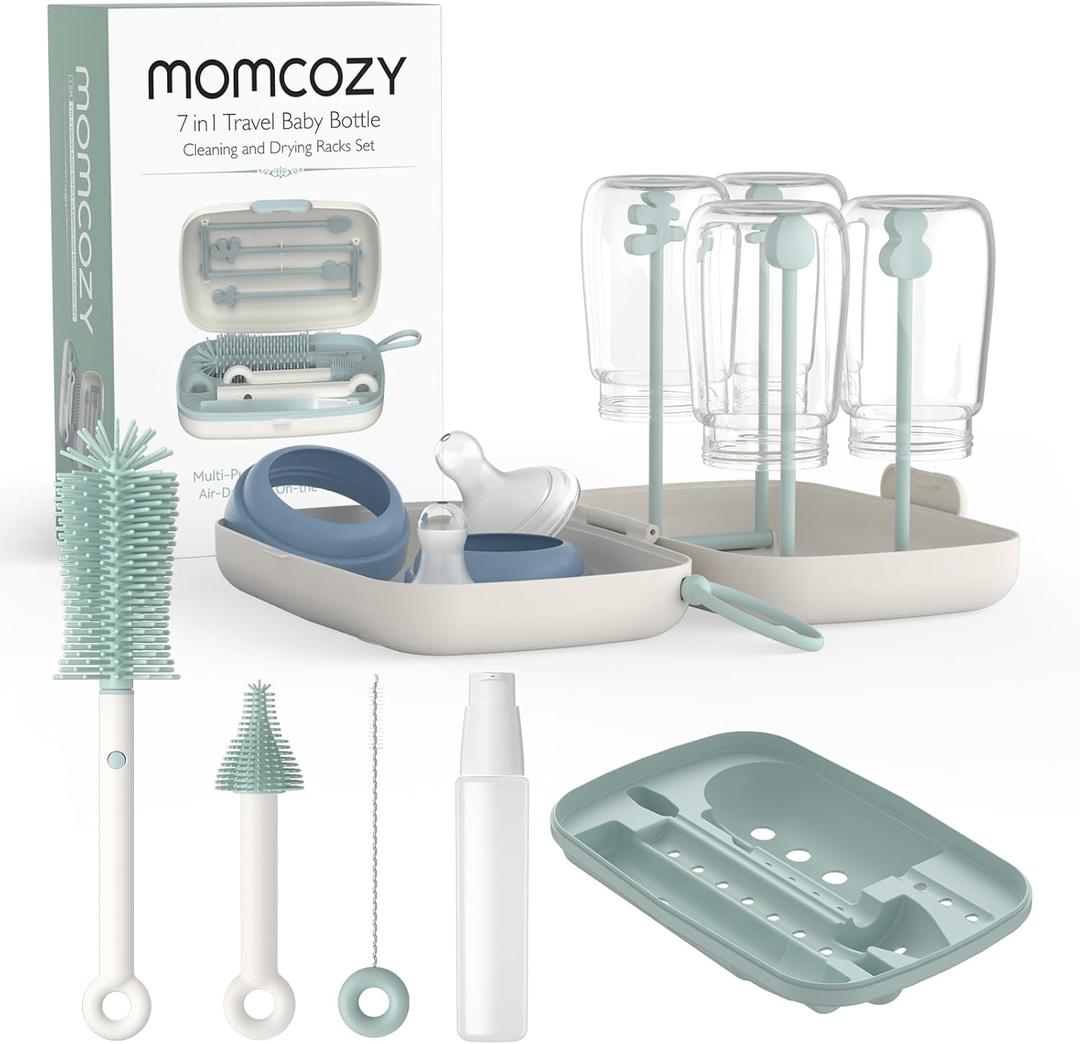 Momcozy Bottle Brush Set - Baby Bottle Cleaner Kit with Silicone Brush, Nipple Brush, Straw Brush, Soap Dispenser, Drying Rack - 7 In 1 Bottle Cleaning Tool for Home and Travel, Green (Classic Style)