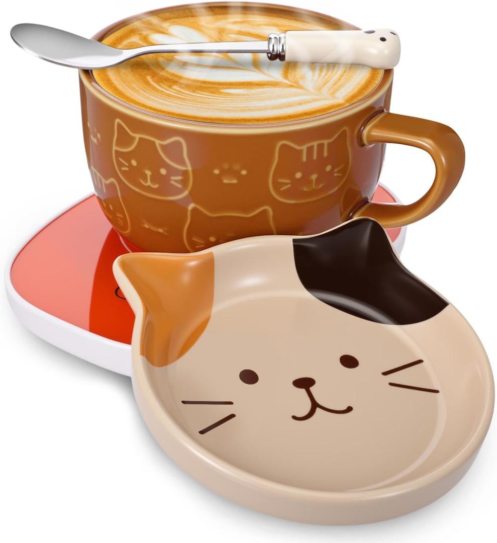 Brown Cat Coffee Mug Warmer Set Cute Mug 10oz with Lid Spoon Electric Coffee Cup Heater for Cat Lovers Women Mom Grandma Teacher Home Office Birthday Thank You Appreciation Gift