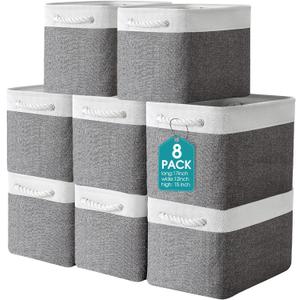 meekoo 8 Pack Collapsible Storage Bins Fabric Storage Bins Polyester Fabric Baskets with Handles Linen Closet Organizer for Shelf Home Closet Towels Toys(17 x 12 x 15 in,Gray White)