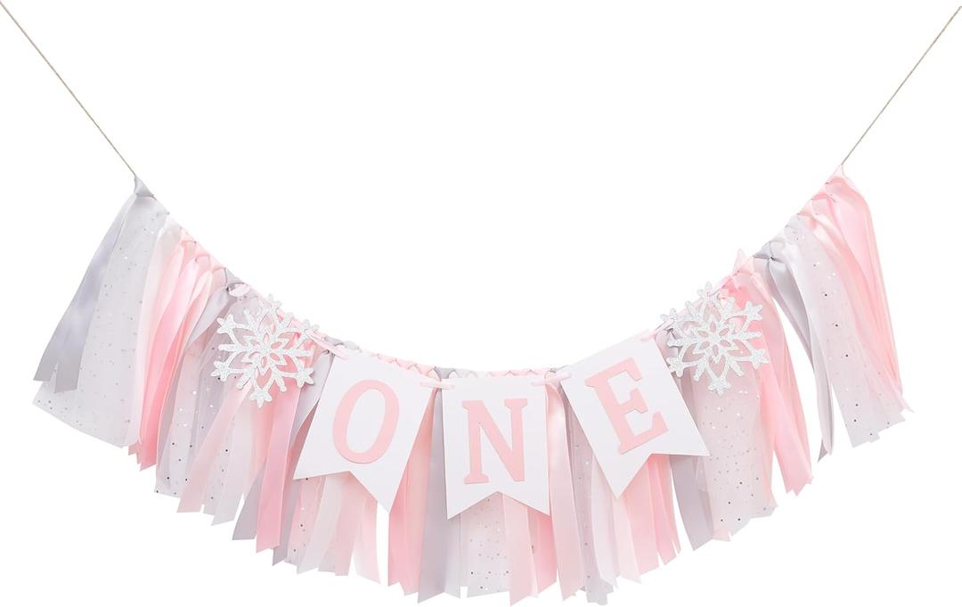 Winter Onederland Highchair Banner - Pink Snowflake First Birthday High Chair Banner, Winter Wonderland One party Decoration, Party Supplies for 1st Birthday Girls, Snowflake Birthdays Party Photo Props
