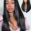 Quantum Love Yaki Straight Layered U Part Wigs V Part Glueless Clip in Half Wigs for Women Realistic Natural Looking Heat Resistant Synthetic Hair(24inch,Natural Black)