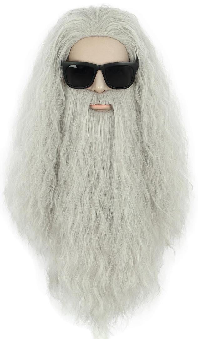VGbeaty Mens Long Curly Gray Wig and Beard Halloween Cosplay Costume Anime Wig