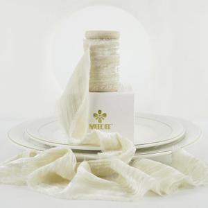 MEEDEE Ivory Velvet Ribbon 2 Inch Frayed Edge Silk Ribbons 2 Rolls 4 Yards Crinkle Crushed Ribbons Ivory Ribbon for Christmas Tree, Gift Wrapping, Holiday Decor, Wedding Favors