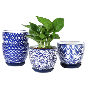 Selamica Ceramic Plant Pots, 5.6 Inch Flower Pots for Indoor Plants with Drainage Hole and Saucer,Home Decor, Set of 4, Vintage Blue