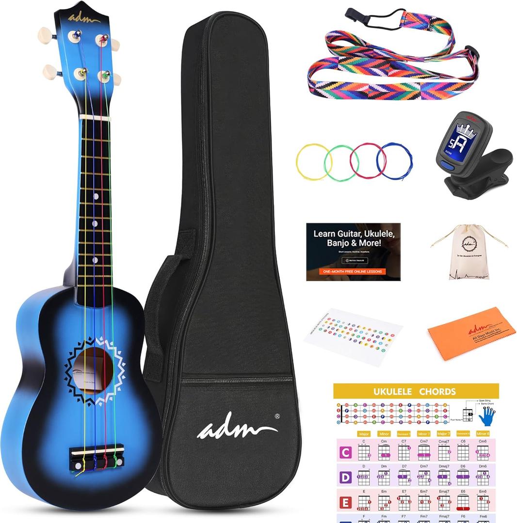 ADM Ukulele for Beginners Hawaiian Wood Ukelele Kit for Kids Adult Student Starter Professional Ukalelee Pack Bundle with Free Lessons Gig Bag Strap Nylon String Tuner (Bluebrust, 21 Inch)