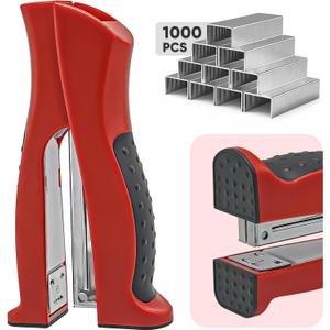 Stand-Up Stapler with 1000 Standard 1/4" Staples, Handheld Ergonomic Soft Grip 2-in-1 Vertical & Flat-Use Desktop Full Strip Stapler for Office, Home, School, Business & Classroom Supplies  Red