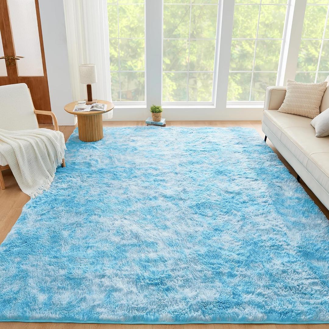 Litanika 6x9 Fluffy Shag Faux Fur Area Rug for Living Room Bedroom, Tie-Dyed Sky Blue High Pile Soft Plush Shaggy Furry Bedside Playroom Dorm Carpet, Non-Slip, Non-Shedding Modern Indoor Floor Rug