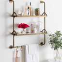 Kate and Laurel Marit Modern Industrial Wall Shelf with Metal Pipe Supports and Glass Shelves, Gold, 26x31
