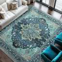 Area Rugs 8'x10' Washable Non-Slip, Floral Vintage Distress Print Pattern Medallion Carpet for Living Room Bedroom Dining Room, Teal Green Lake Blue (8x10)