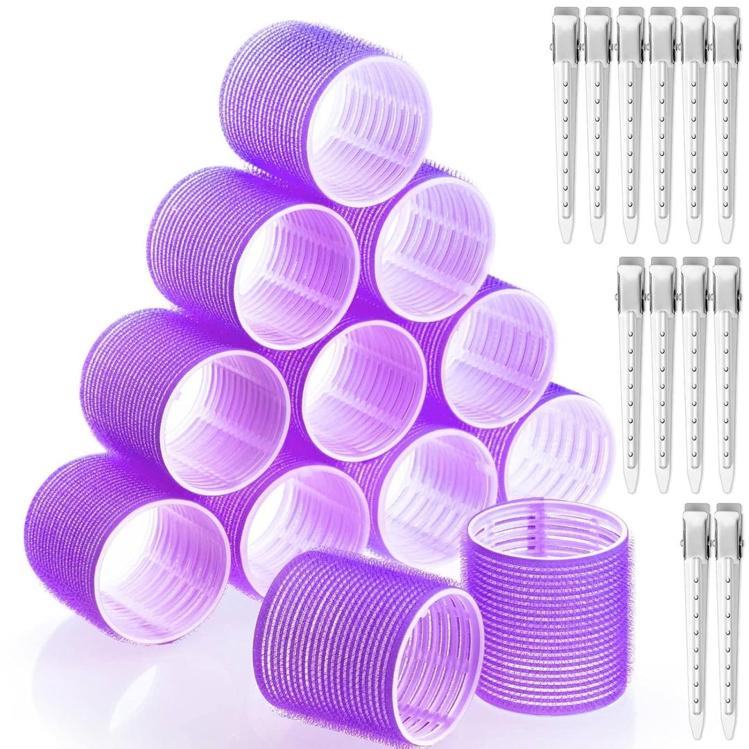 Jumbo Hair Curlers Rollers, 12Pcs Hair Roller Curlers Self Grip Holding Rollers with12 Stainless Steel Duckbill Clips for Long Hair Volume (Purple)
