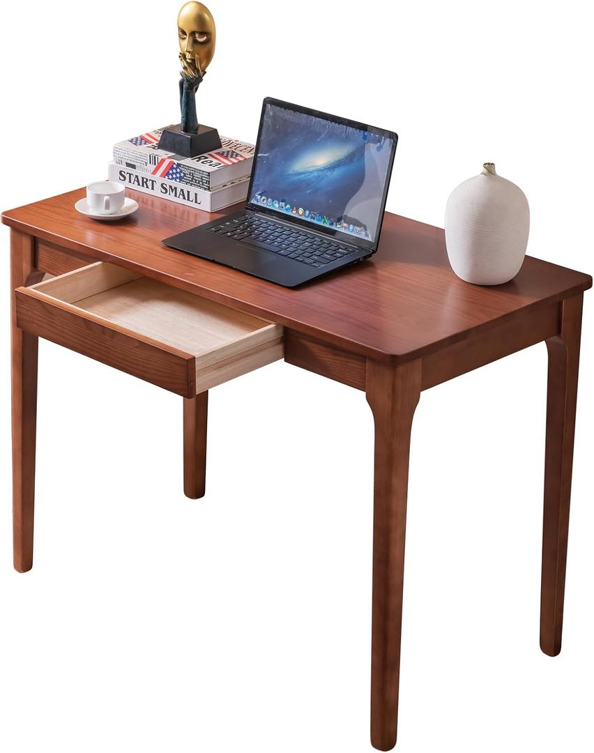 Solid Wood Desk with Drawers, Home Office Desk for Small Spaces, Gaming Work Study Desk, Student PC Desk for Bedroom, Easy to Assemble (Cherry Color, 31.5 inch)